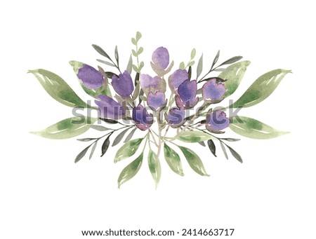 Watercolor floral composition with purple flowers and greenery. Hand drawn illustration of botanical template for greeting cards or wedding invitations, mother's day, birthday, march 8, posters, logos