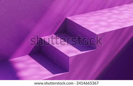 Step into charm: Three chic purple steps captivate under soft arabesque light, casting playful geometric shadows. Floating particles add a dreamy touch, perfect for captivating product presentations. Royalty-Free Stock Photo #2414665367