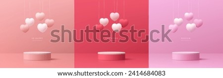 Set of 3D valentine day background pink, red, white cylinder podium with floating pastel balloon heart shape. Vector geometric platform. Abstract mockup product display. Minimal scene. Stage showcase.
