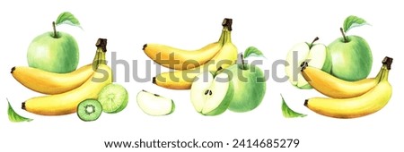 A set of compositions with green apple, lime, kiwi and banana. Hand drawn botanical watercolor illustration isolated on white background. For clip art cards menu label
