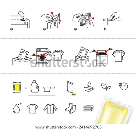 Laundry gel capsule pod for washing machine with set icons. Vector illustration isolated on white background. Ready for your design. EPS10.	 Royalty-Free Stock Photo #2414692705