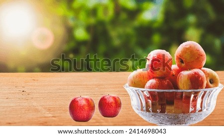 Apples in Container On Table At Sunset - Autumn And Harvest Concept 
Red Apples on the Table With Sunny Orchard Background