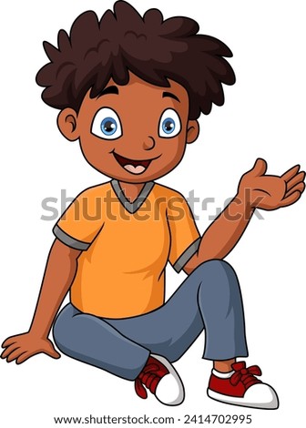 Cute little boy cartoon sitting and waving hand