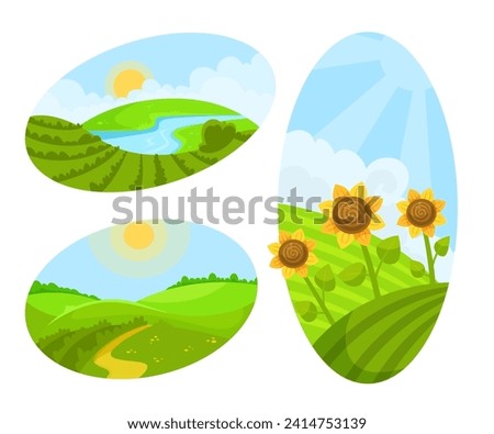 Green Fields and Pasture with Grass and Sunflower Vector Set