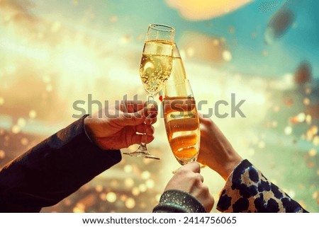 New Year's Eve party invitation card design featuring a champagne toast. Hands clinking champagne flutes with sparkling liquid over a bokeh light background. Concept of holidays, celebration, events