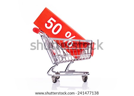 shopping trolley with 50% discount sign