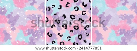 Tie dye seamless vector pattern. watercolour Hand painted on white background. animal skin and stars. leopard print. Abstract texture. Pink and purple. fabric, wrapping paper. Pastel pretty colours