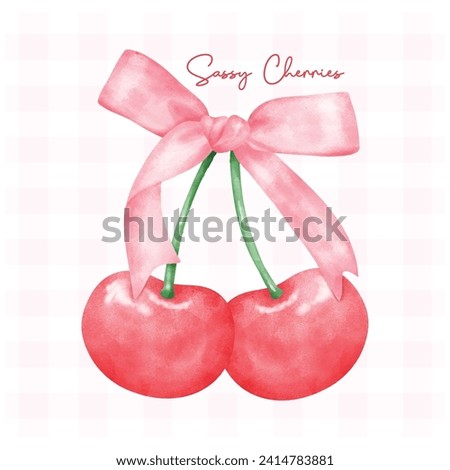 Red coquette cherries with pink ribbon bow, aesthetic watercolor hand drawing Royalty-Free Stock Photo #2414783881