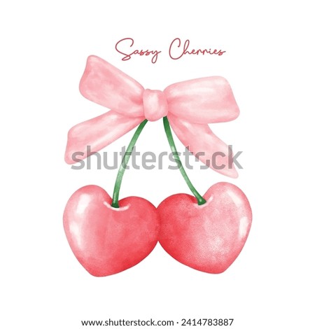 Red coquette heart cherries with pink ribbon bow, aesthetic watercolor hand drawing