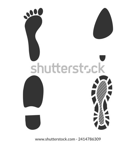 Set of humans footprint. Footprints silhouettes foot and shoes isolated on white background, such as idea of logo in gray. Stock vector. EPS10.