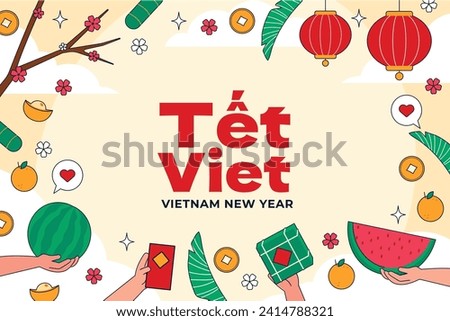 Vietnamese new year Background. Translation "Tet": Lunar new year. Vietnamese Tet celebration. Cartoon Vector illustration design for Poster, Banner, Greeting, Card, Flyer, Post, Cover. February 10.