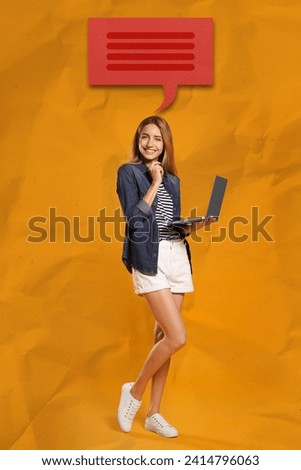 Dialogue. Woman with laptop and speech bubble above on orange background