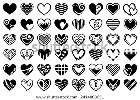 Heart icon illustrations collection. Set with black heart shapes isolated on white background.