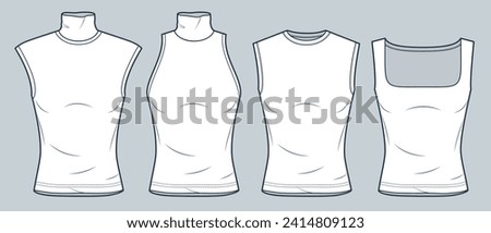 Sleeveless T-Shirt technical fashion illustration. Slim Fit Top fashion flat technical drawing template, round neck, roll neck, square neck, front view, white, women, men, unisex Top CAD mockup set. Royalty-Free Stock Photo #2414809123