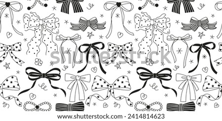 Seamless pattern with various cartoon bow knots, gift ribbons. Trendy hair braiding accessory. Hand drawn vector illustration. Valentine's day black and white background.