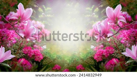 Fantasy Magnolia and Roses flowers grows in enchanted fairy tale garden, fabulous fairytale blooming pink plant and flying butterflies in magical light on mysterious floral background, mystic nature.
