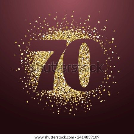 Happy 70th anniversary luxurious congrats. Shiny pattern and stylish number 70. Round golden backdrop and isolated 7 0 with clipping mask. Purple background. Modern design. Up to 70 percent off icon.