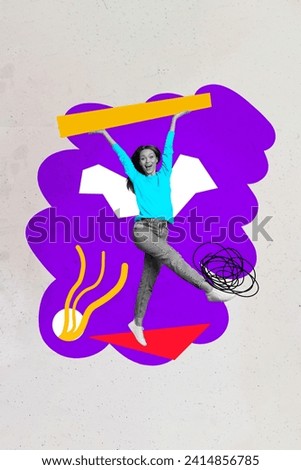 Vertical abstract photo collage of funky overjoyed young woman dancing have fun at disco party hold element on creative background