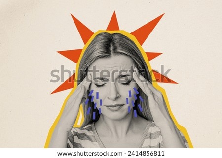 Collage image of black white effect girl arms fingers touch temples suffer headache cry tears isolated on beige background
