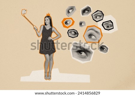 Creative photo collage image standing young woman holding selfie stick smartphone camera privacy cyber security drawing background