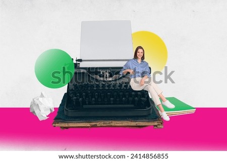 Creative trend collage of typewriter machine writing book novel author vintage retro weird freak bizarre unusual fantasy billboard