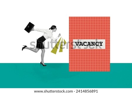 Picture collage image of funky charming woman running fast hurrying get position vacancy isolated on painted background Royalty-Free Stock Photo #2414856891