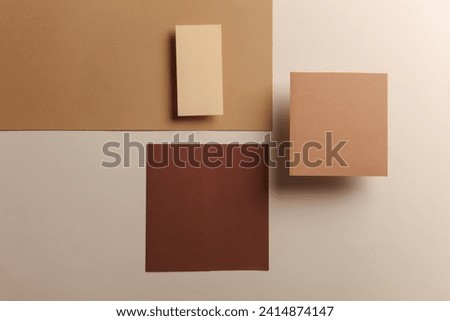 Group of floating colored blank cards sheet with shadow on beige background. Minimalism business brand template, creative layout