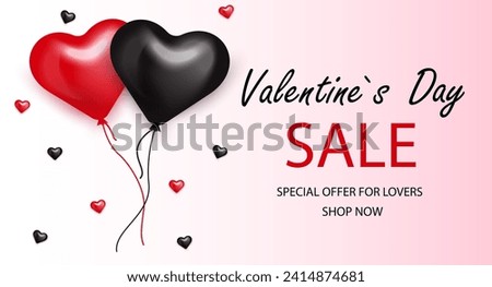 Black and red heart. Valentines day sale card. Shop Concept. Vector illustration for card, party, design, flyer, poster, decor, banner, web, advertising.