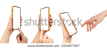 Finger tapping smartphone screen mockup, clicking on mobile phone mock up, angled views set. Hand holding cellphone isolated on white