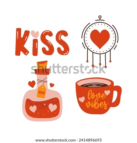 Valentines day elements designs set. Valentine flat clipart collection with love elixir, coffee cup and dreamcatcher . Holiday of love symbols in cute style. Stock vector illustrations
