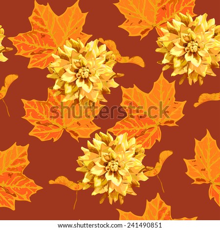 seamless pattern of maple tree leave and a seed and flower of dahlia