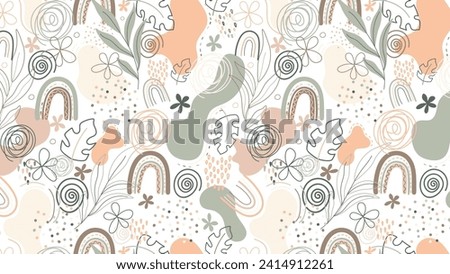 Seamless pattern with hand drawn flowers and leaves in pastel colors. Boho style.