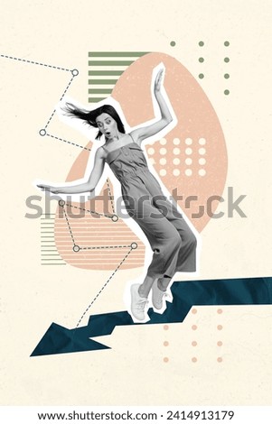 Vertical collage creative poster black white filter shocked amazed upset young woman keep hold balance fall collapse analysis data Royalty-Free Stock Photo #2414913179