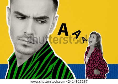 Creative collage picture young couple husband wife breakup argument quarrel shouting woman loud noise upset sad depressed man
