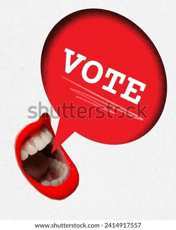 Contemporary art collage. Words of Power. Red speech bubble coming out of woman's mouth with word VOTE written in white letters inside. Grainy fabric effect. Concept of election process, democracy.