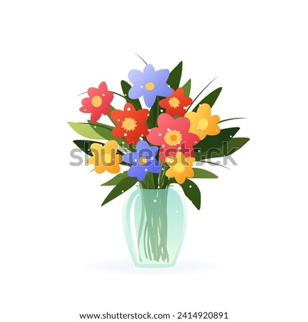 Bouquet of different spring and summer flowers in vase. isolated vector illustration on white. Modern art for poster, postcard, banner, card and etc. Vector clip art. Women's Day, Mother's Day.