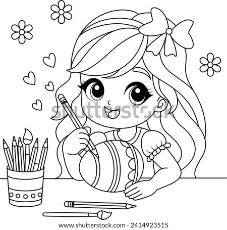 Cute girl drawing easter eggs coloring page. Easter colouring book for kids, black and white vector illustration in a cartoon style
