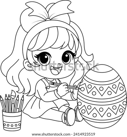 Cute girl drawing easter eggs coloring page. Easter colouring book for kids, black and white vector illustration in a cartoon style
