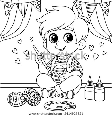 Cute boy painting easter eggs coloring page. Easter colouring book for kids, black and white vector illustration in a cartoon style
