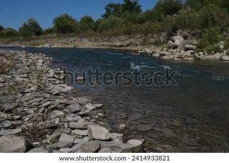 Řeka Laborec na svém horním toku.
Clear water flowing on a gravel bed,
banks covered with lush vegetation.