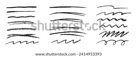 Black charcoal strokes.Rough charcoal strokes.Set of black hand drawn brush lines different forms on white background.Collection of vector grunge brushes. Vector horizontal chalk lines drawn by hand. Royalty-Free Stock Photo #2414953393