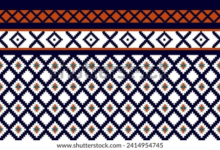 Ethnic fabric pattern, ethnic pattern in white, navy blue, orange on a unique wavy square shape for designing clothes or decorations. Vector illustration.