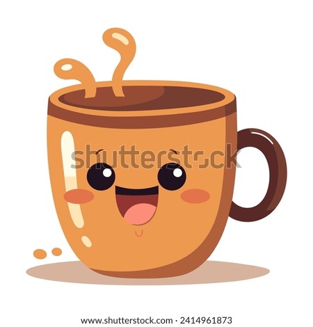 Cute cup of tea or coffee in kawaii style. Cartoon vector character, happy fall flat drink. Quirky design logo, icon, patch, sticker, print. Warming latte, autumn, isolated pretty illustration mug.