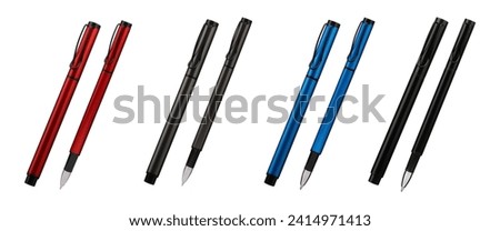 Collection of pen mockup for desk, top view, isolated background. Similar pens in different colors.