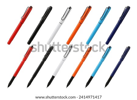 Collection of pen mockup for desk, top view, isolated background. Similar pens in different colors.