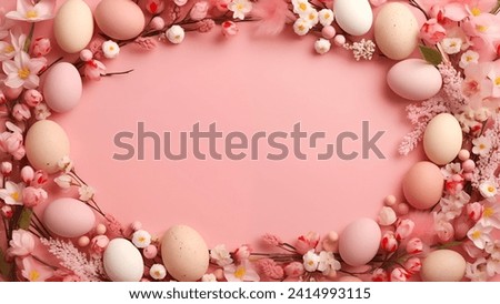 Sprigs of the apricot tree, nowruz eggs, with pink flowers on pink background