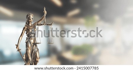 Blind justice symbol on a metallic statue. Law and justice concept, copy space