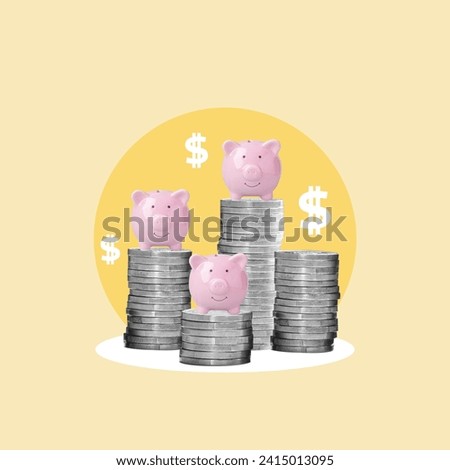 Pig banks on stacks of gold coins, Interest rate, Bank, Financial building, Savings, Safe, Document, Banking, Piggy bank, Pension, Banking document, Currency, Investment, Bank account, Money, Finance