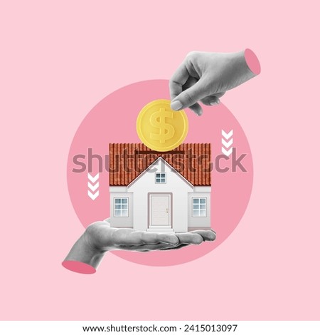 Man putting a coin in a model house, paying for house, saving for house, transaction, hand with coin, hand with house, Piggy bank, Investment, Buy, Grab, Cost, Executive, Savings, Money