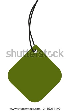 Blank Olive Green Cardboard Sale Tag And Black String, Empty Square Price Label Background, Vertical Isolated Detailed Hanging Badge Copy Space Macro Closeup, Large Rounded Corners